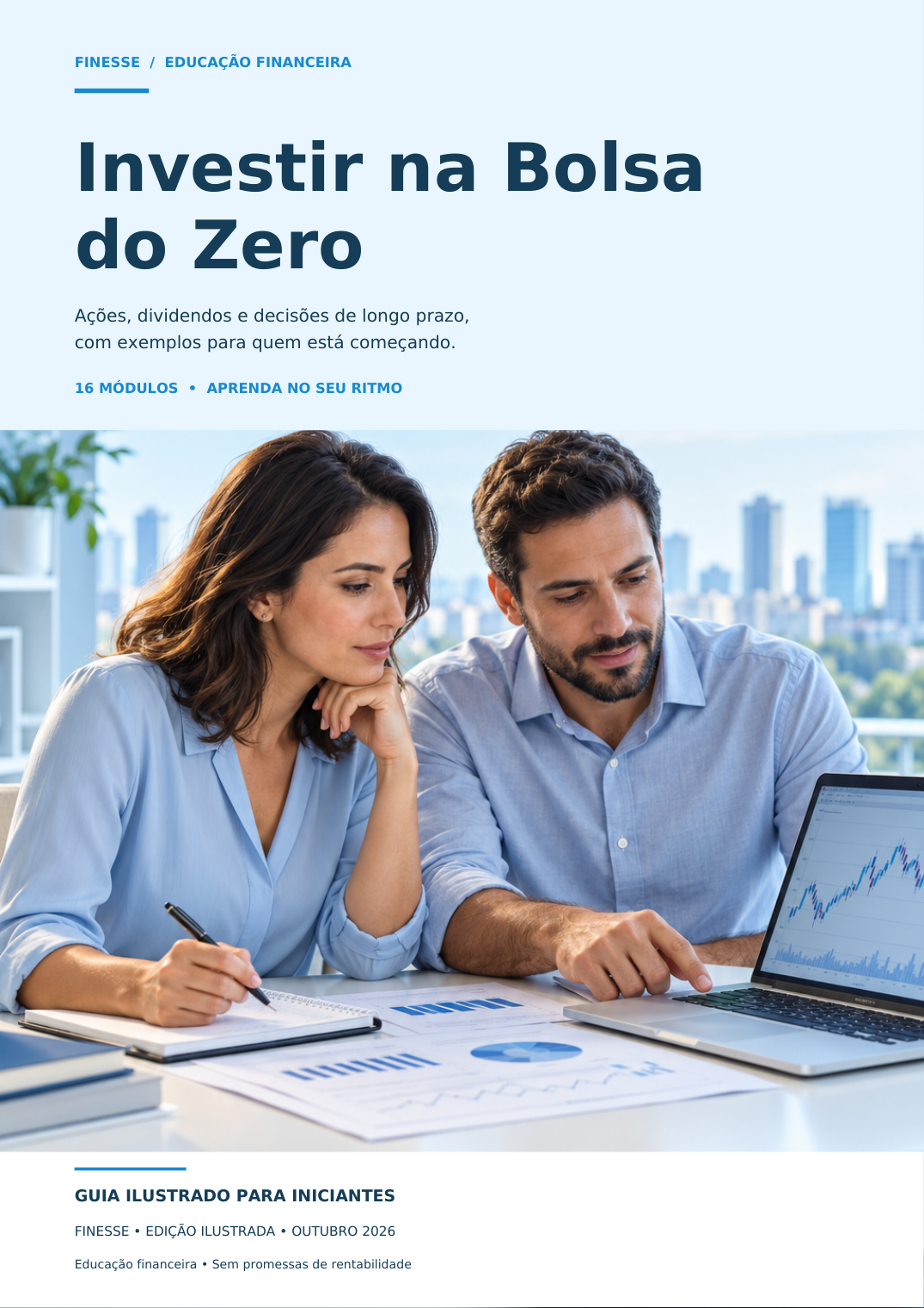 Capa do guia Investir na Bolsa do Zero, com duas pessoas estudando investimentos